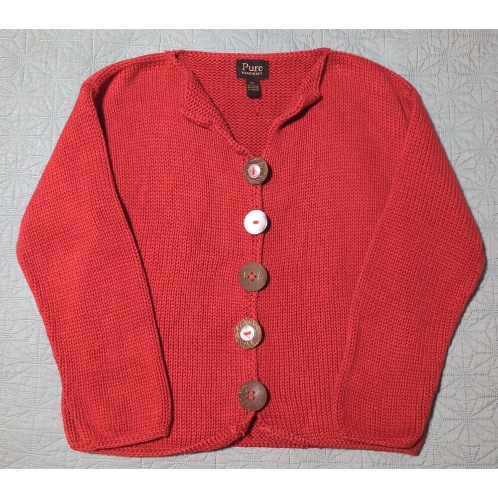 Pure Handknit Womens M/L Red Orange Chunky Knit Cardigan Big Buttons Artsy Boho